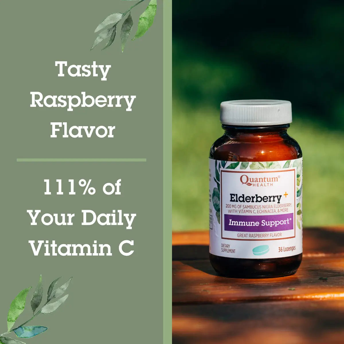 Supplement bottle with label on a wooden surface and green background