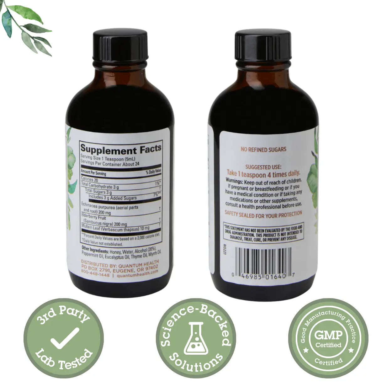 Two bottles of elderberry syrup with labels and certification logos on a white background