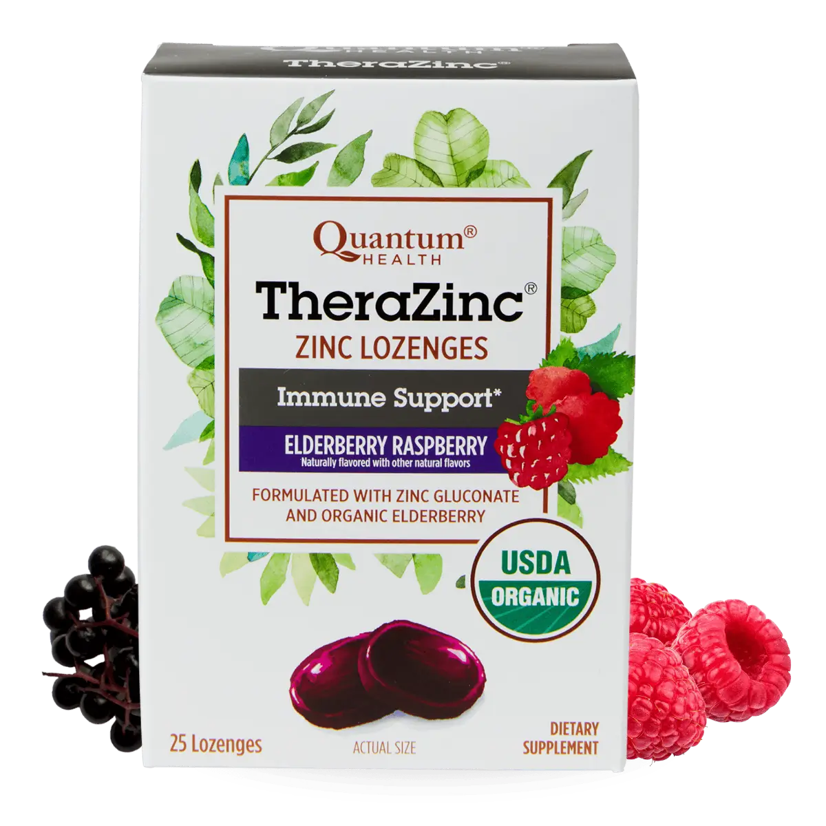 Box of Quantum Health TheraZinc Zinc Lozenges with elderberries and raspberries 