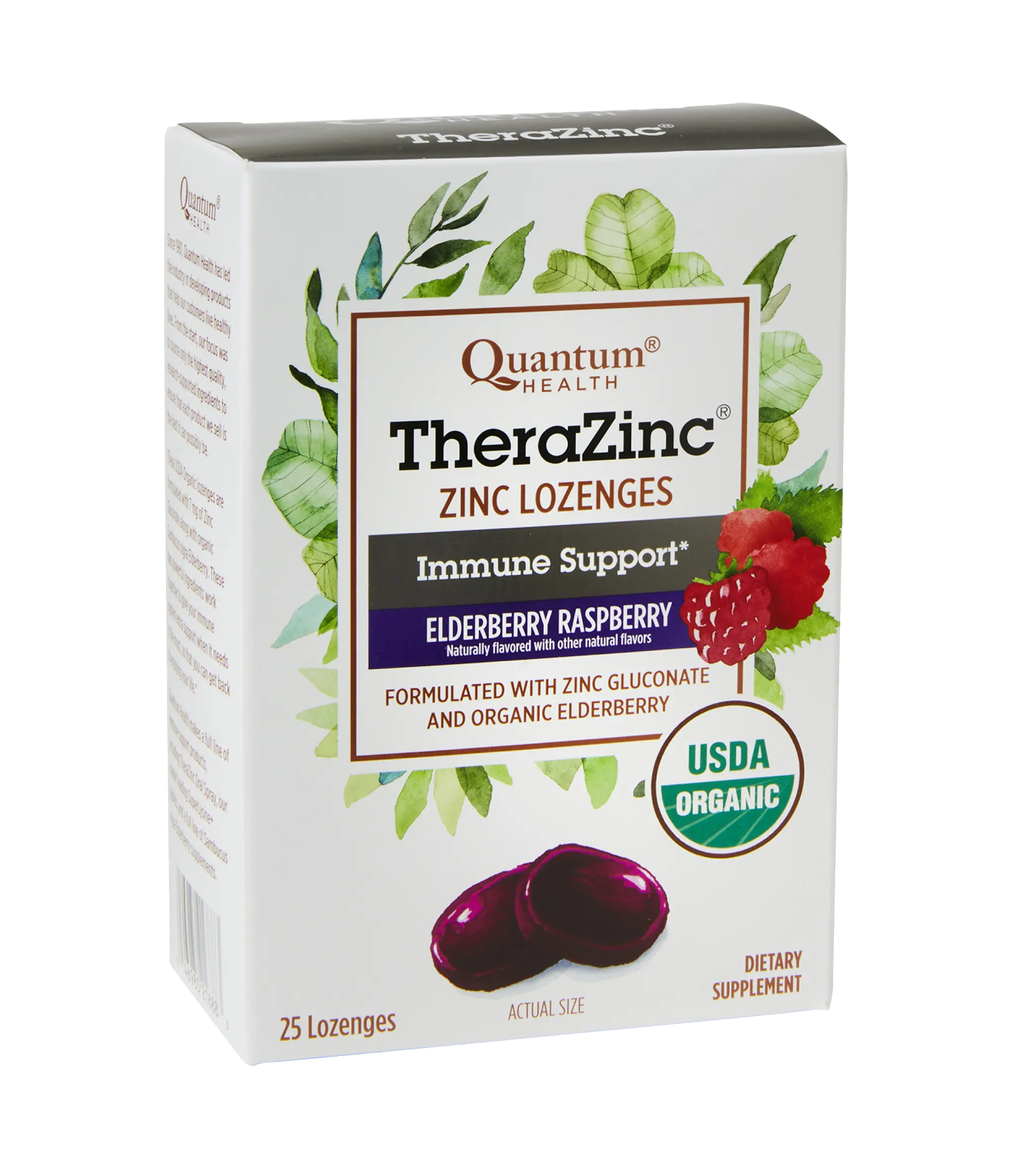 Box of TheraZinc Zinc Lozenges with elderberry and raspberry on a white background
