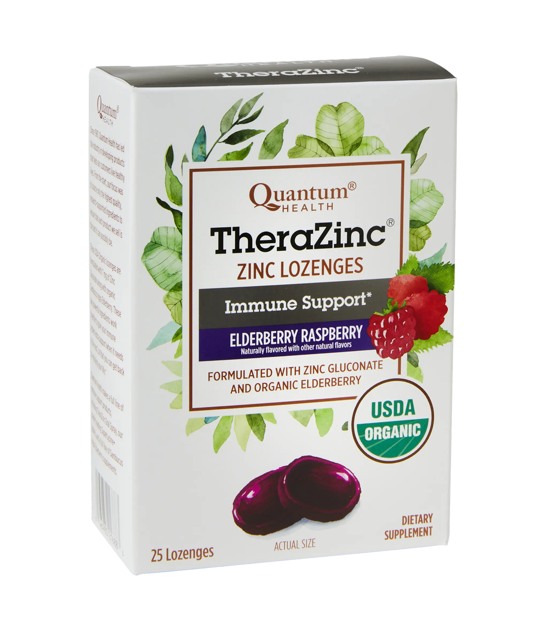 Box of TheraZinc Zinc Lozenges with elderberry and raspberry on a white background