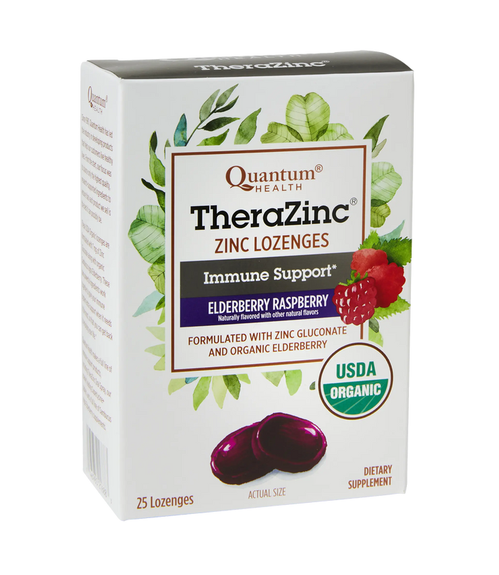 Box of TheraZinc Zinc Lozenges with elderberry and raspberry on a white background