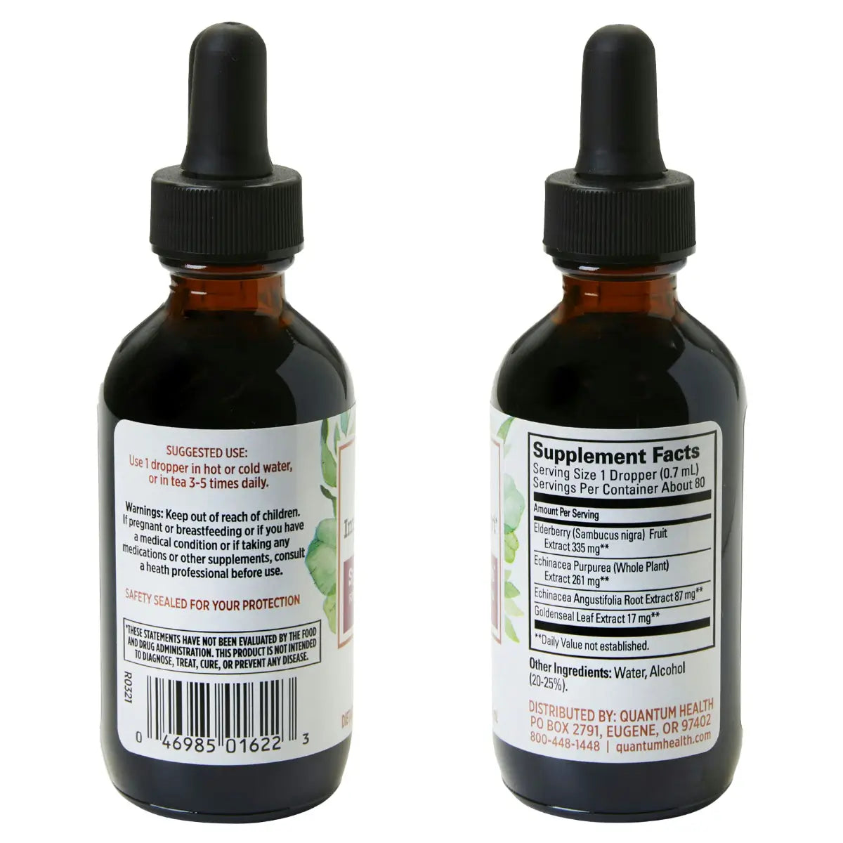 Two bottles of a supplement with dropper caps on a white background