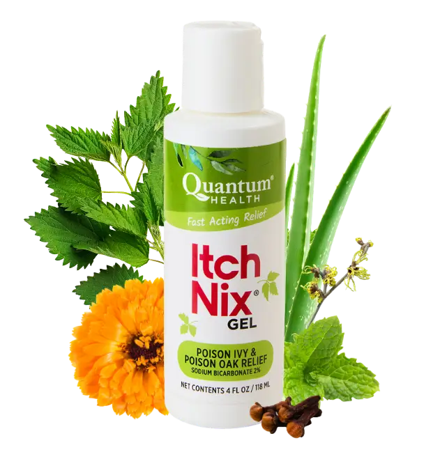Quantum Health Itch Nix Gel bottle surrounded by green leaves and an orange flower on a white background