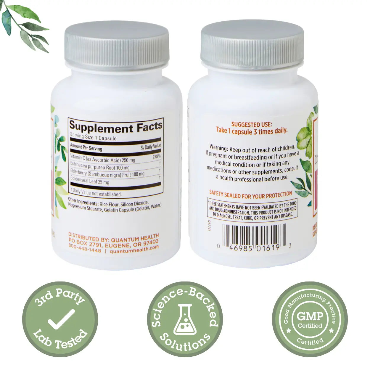 Two supplement bottles with labels and certification logos on a white background