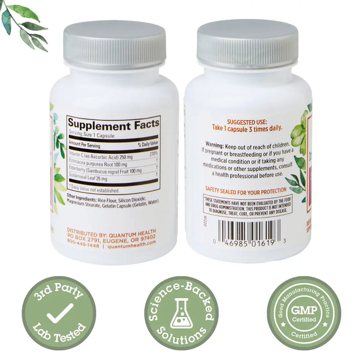 Two supplement bottles with labels and certification logos on a white background