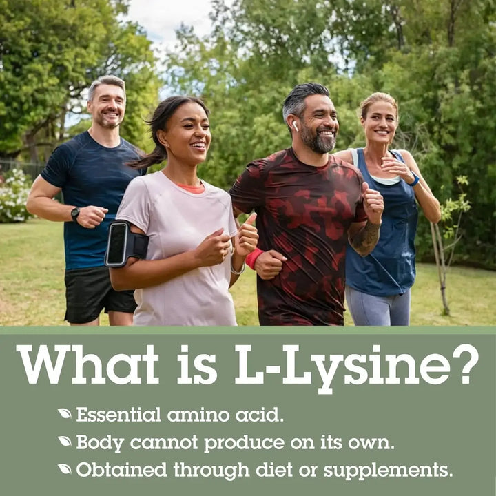 Group of people exercising outdoors with text about L-Lysine.