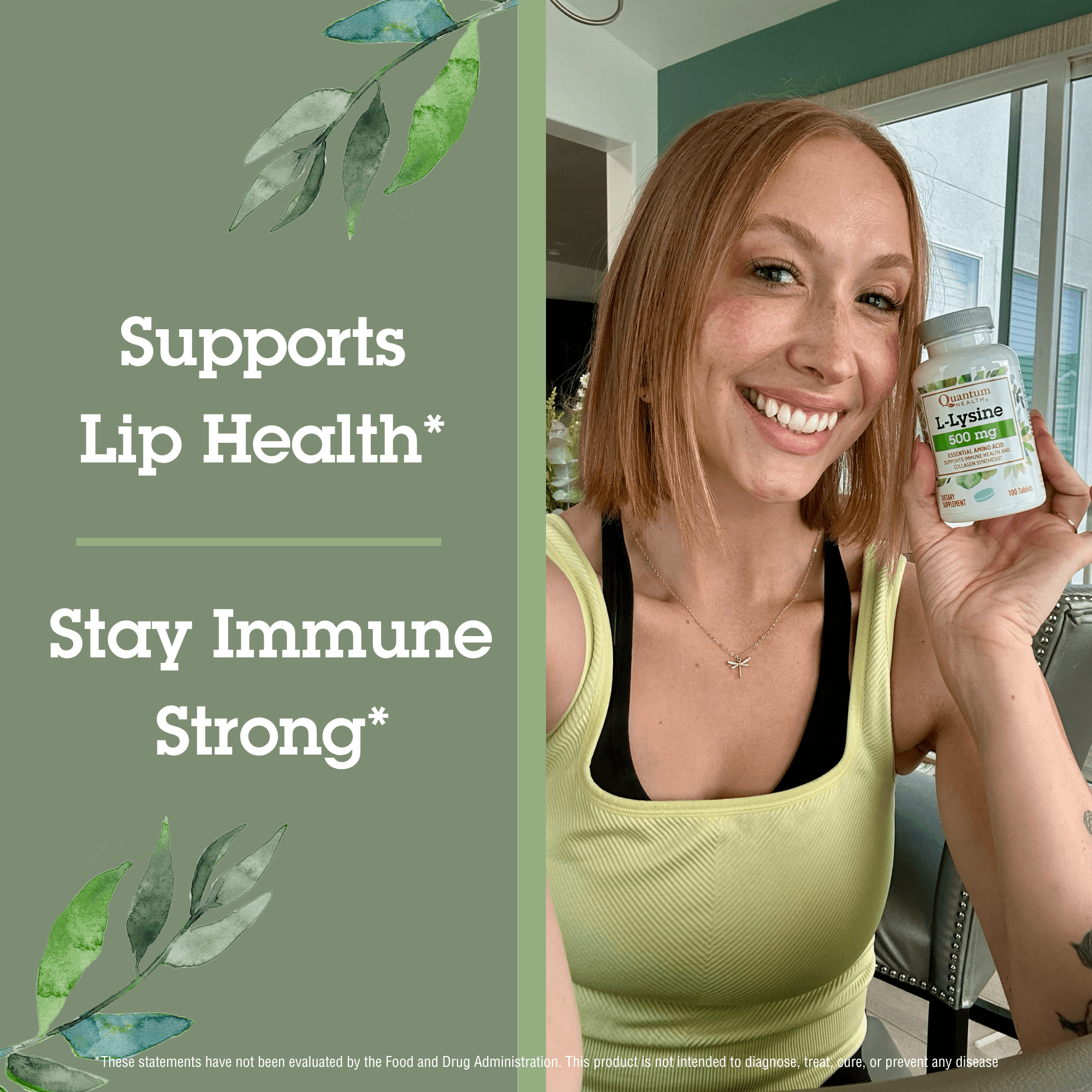 Woman holding a supplement bottle with text about lip health and immune support on a green background.