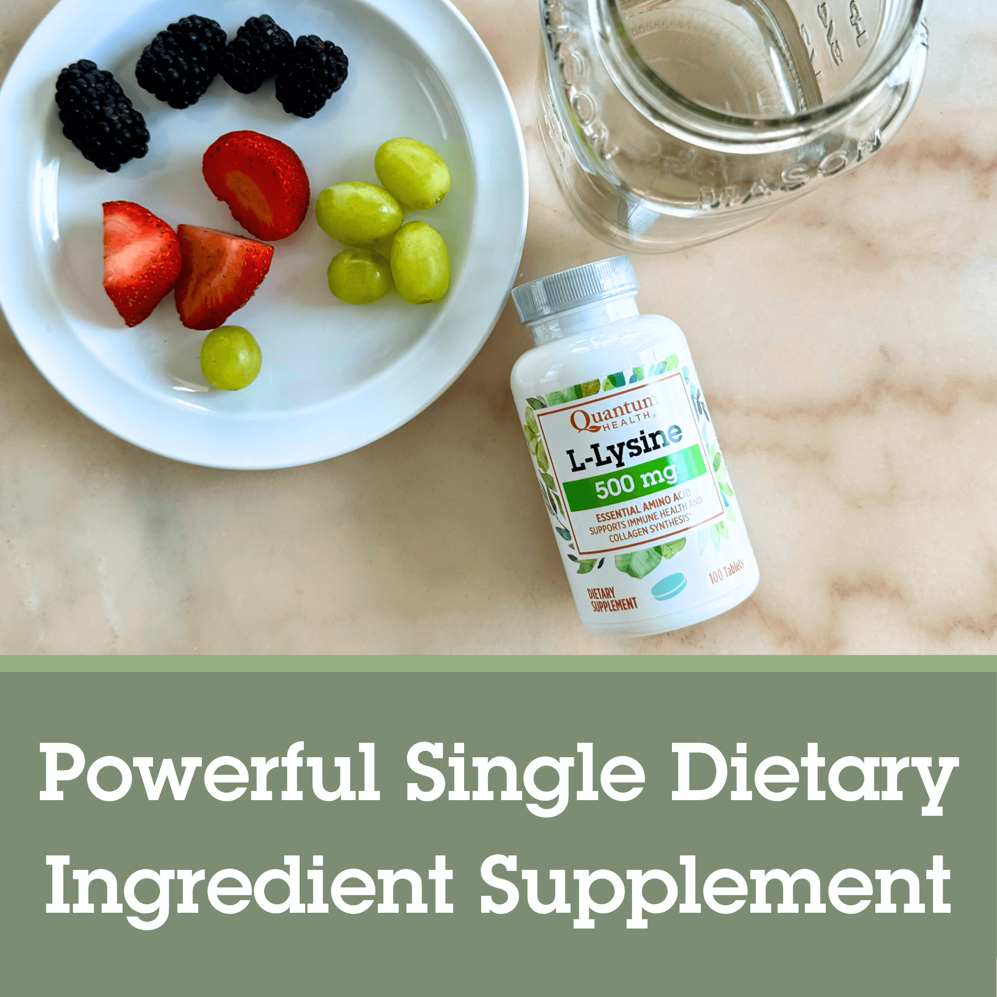 Supplement bottle labeled 'L-Lysine' with a plate of fruits and a glass of water on a marble surface.