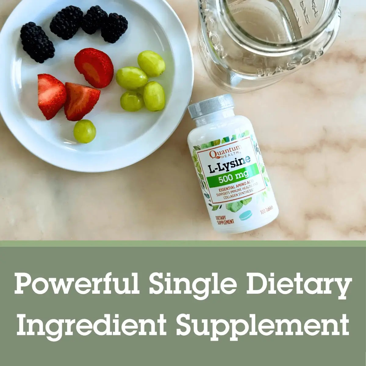 Supplement bottle labeled 'L-Lysine' with a plate of fruits and a glass of water on a marble surface.