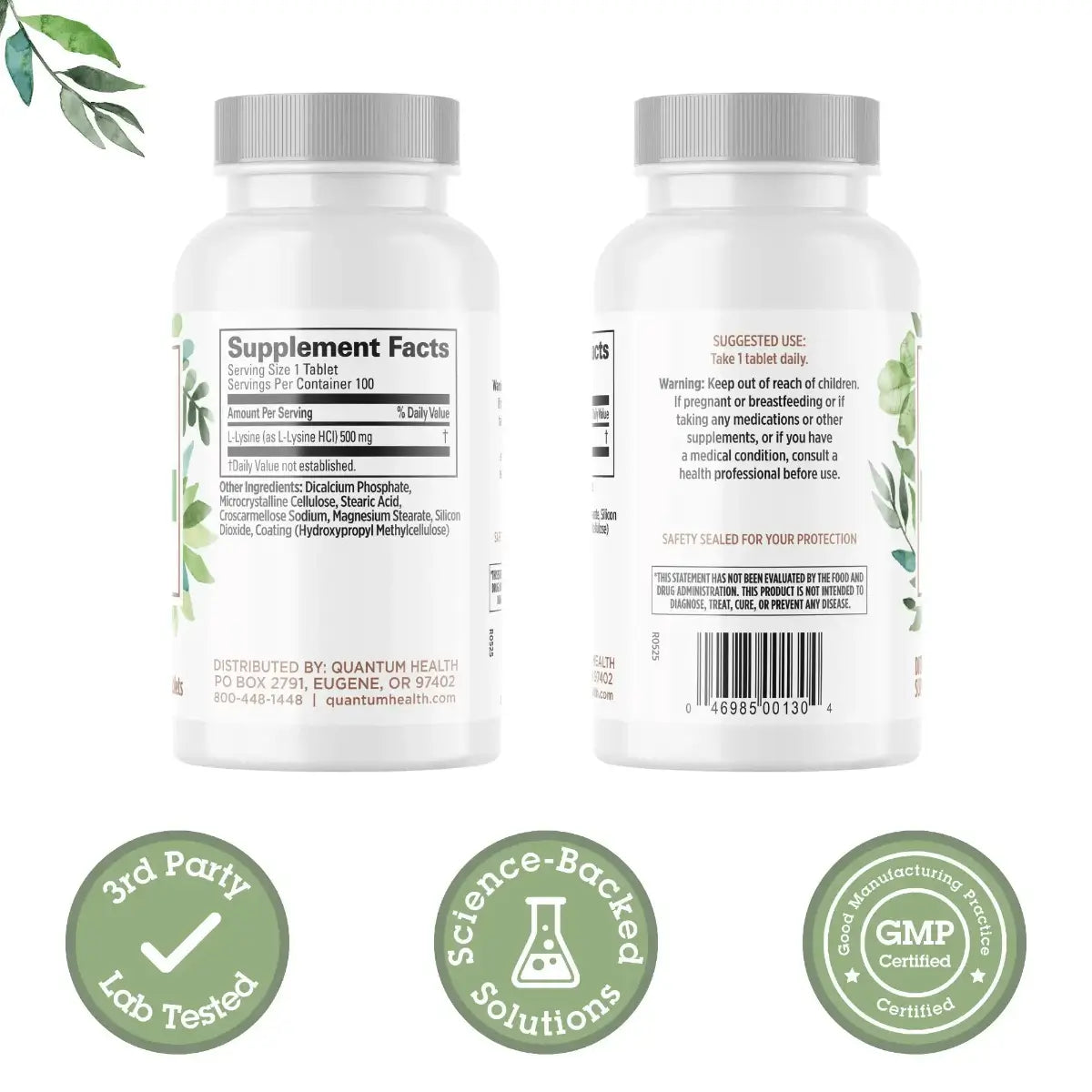 Two supplement bottles with labels, certification logos, and text on a white background.