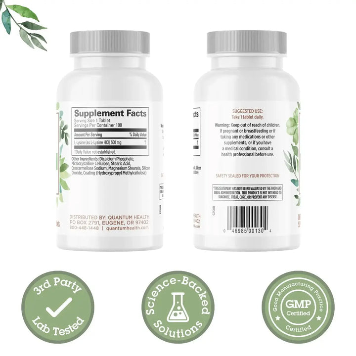 Two supplement bottles with labels, certification logos, and text on a white background.