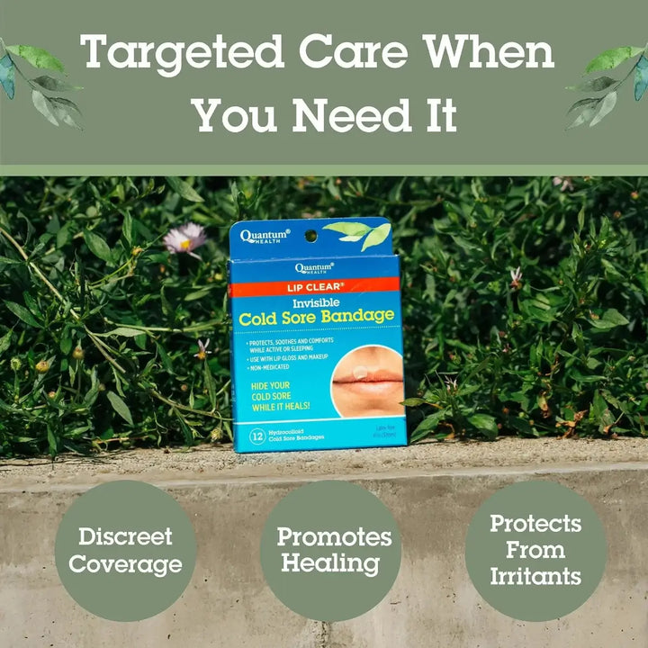 Quantum Health Cold Sore Bandage packaging with greenery in the background