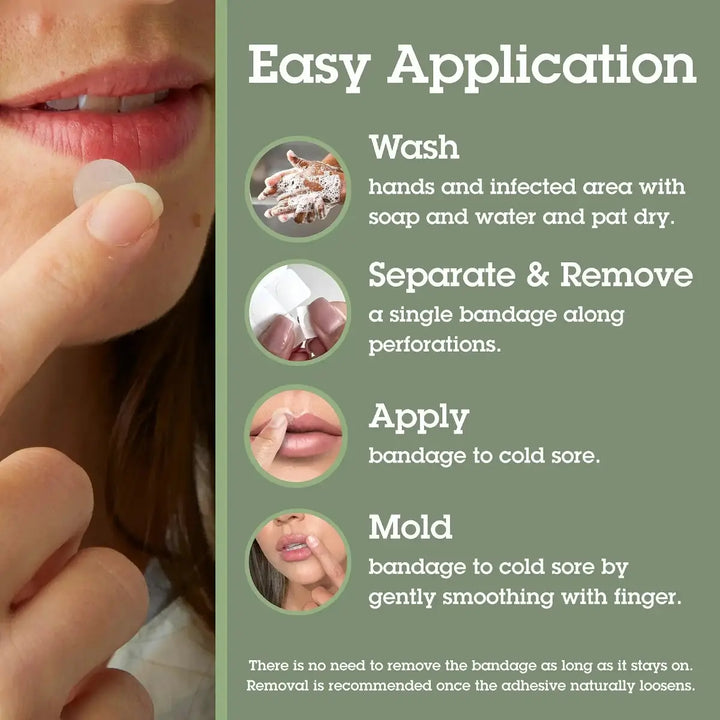 Instructions for applying a bandage to a cold sore with close-up of lips and text on a green background.
