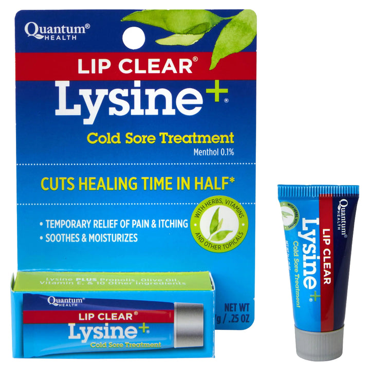 Lip Clear Lysine+ cold sore treatment packaging and tube on a white background