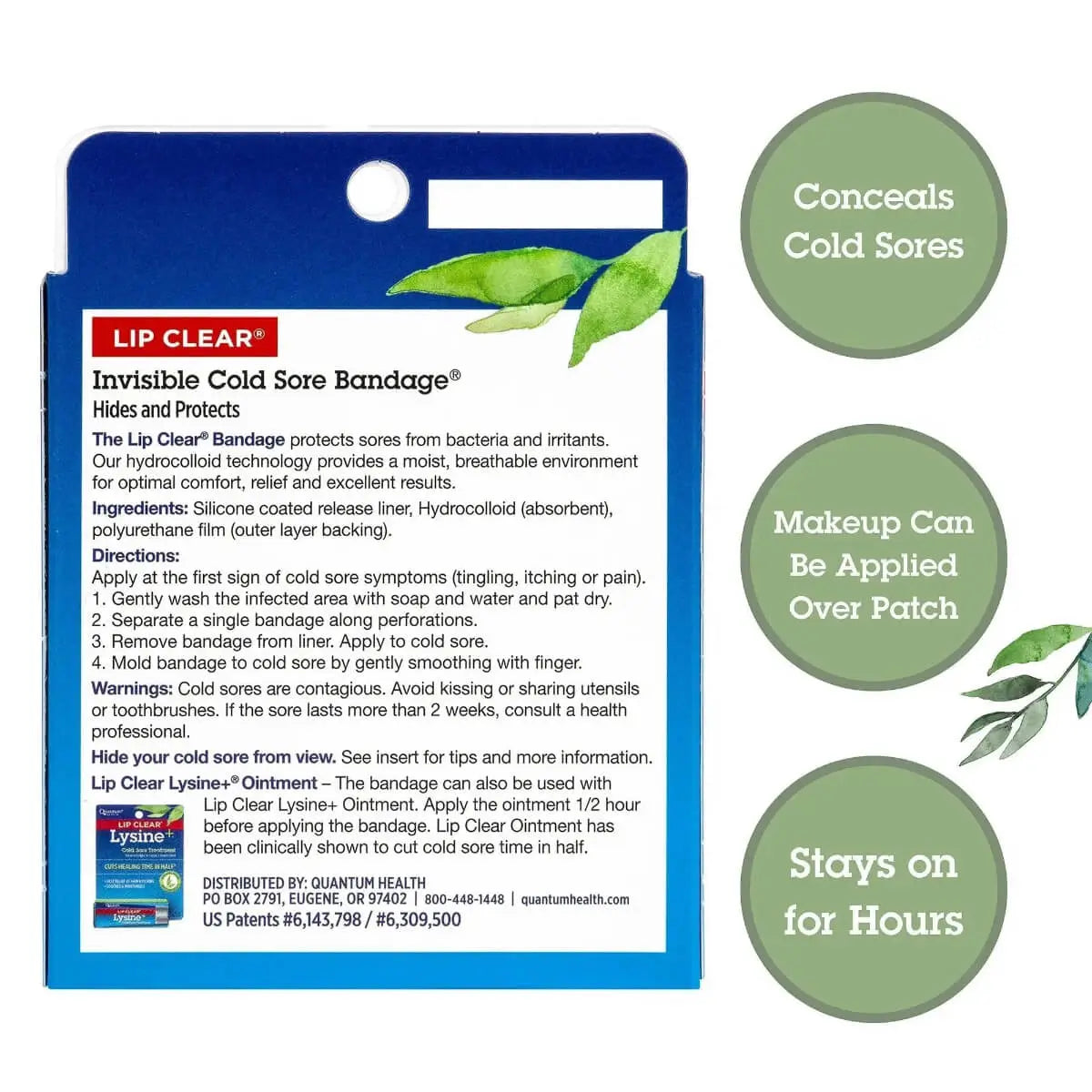 Lip Clear Invisible Cold Sore Bandage directions and ingredients, conceals cold sores, stays on for hours