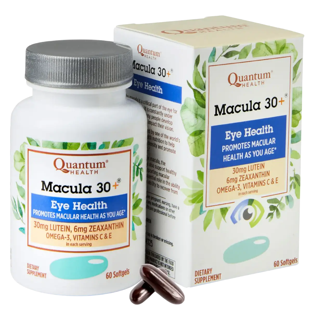 Quantum Health Macula 30+ eye health supplement bottle and packaging on a white background