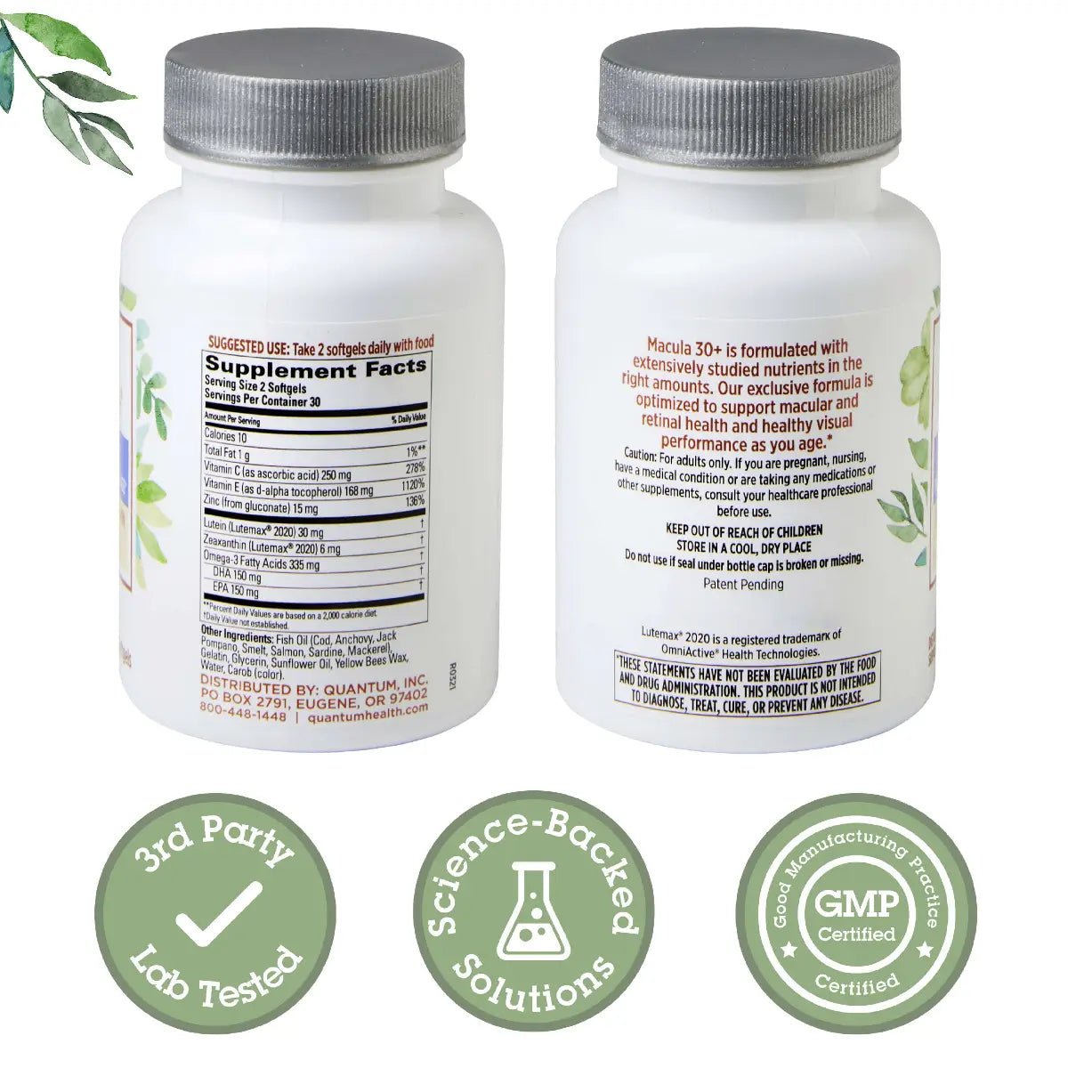 Two supplement bottles with labels, side by side, on a white background with certification logos.