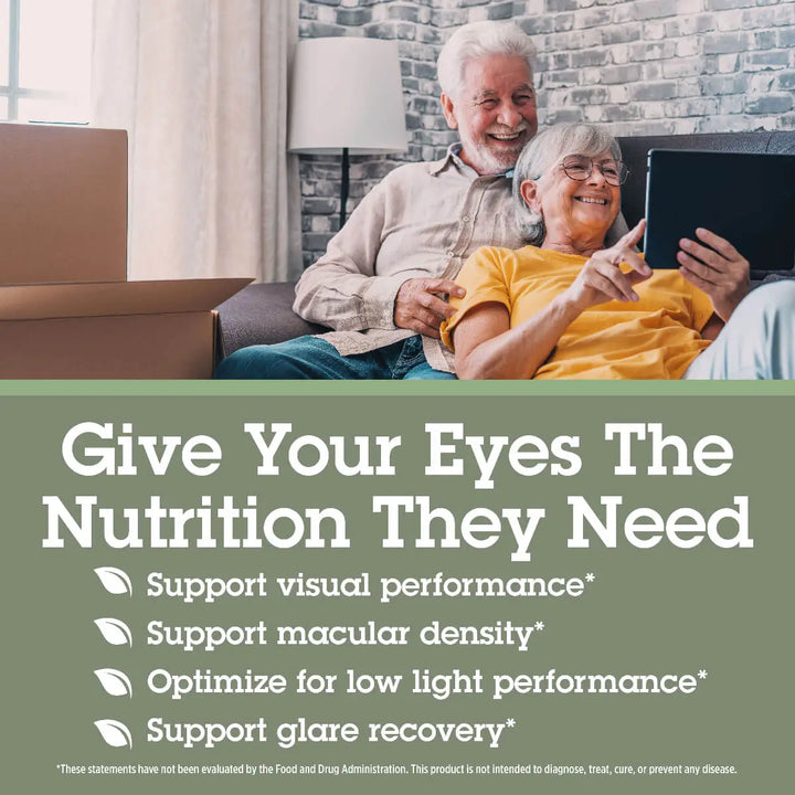 Two elderly people sitting on a couch using a tablet, with text about eye health and nutrition.