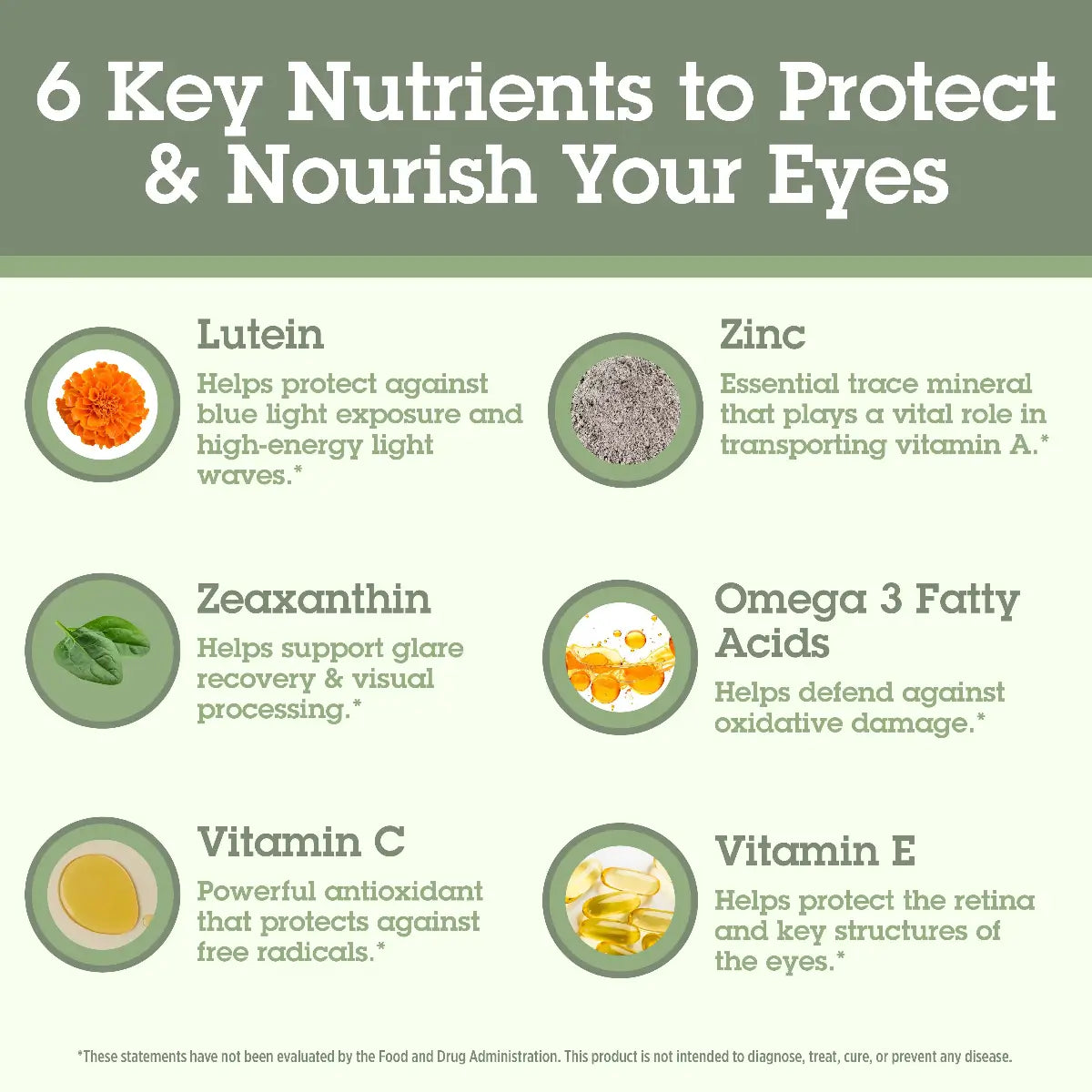 Infographic detailing 6 key nutrients to protect and nourish your eyes with corresponding images and descriptions.