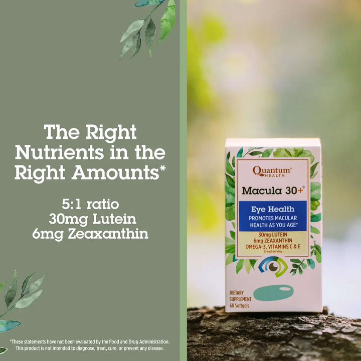 Supplement box for Macula 30+ with green leaves and blurred natural background