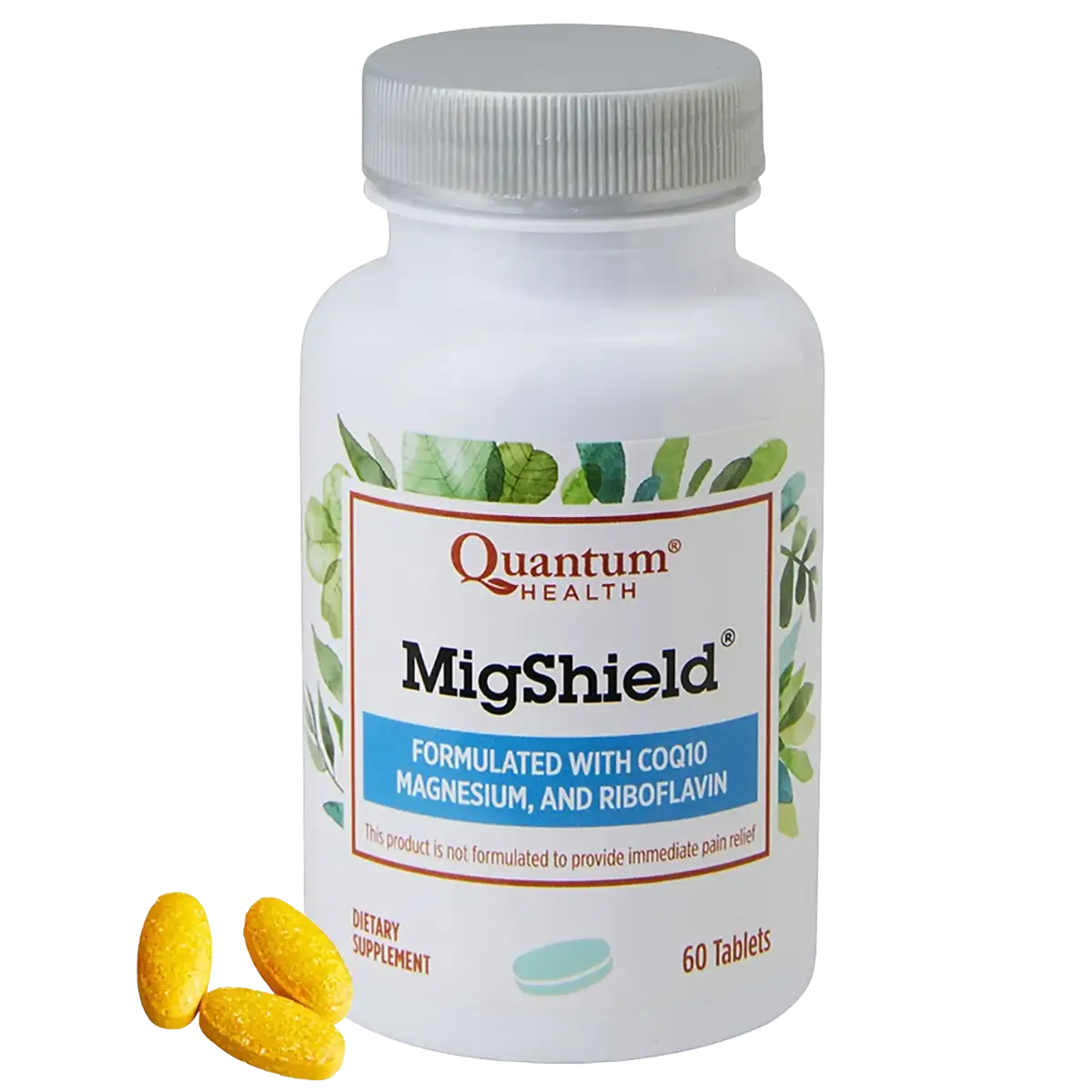 Quantum Health MigShield supplement bottle with capsules on a white background