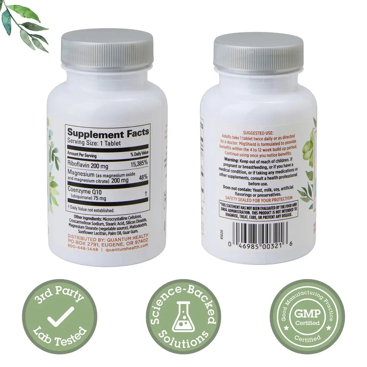 Two supplement bottles with labels, showing front and back views, on a white background.
