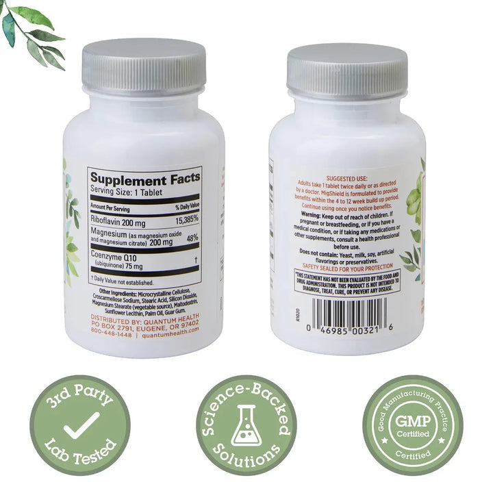 Two supplement bottles with labels, showing front and back views, on a white background.