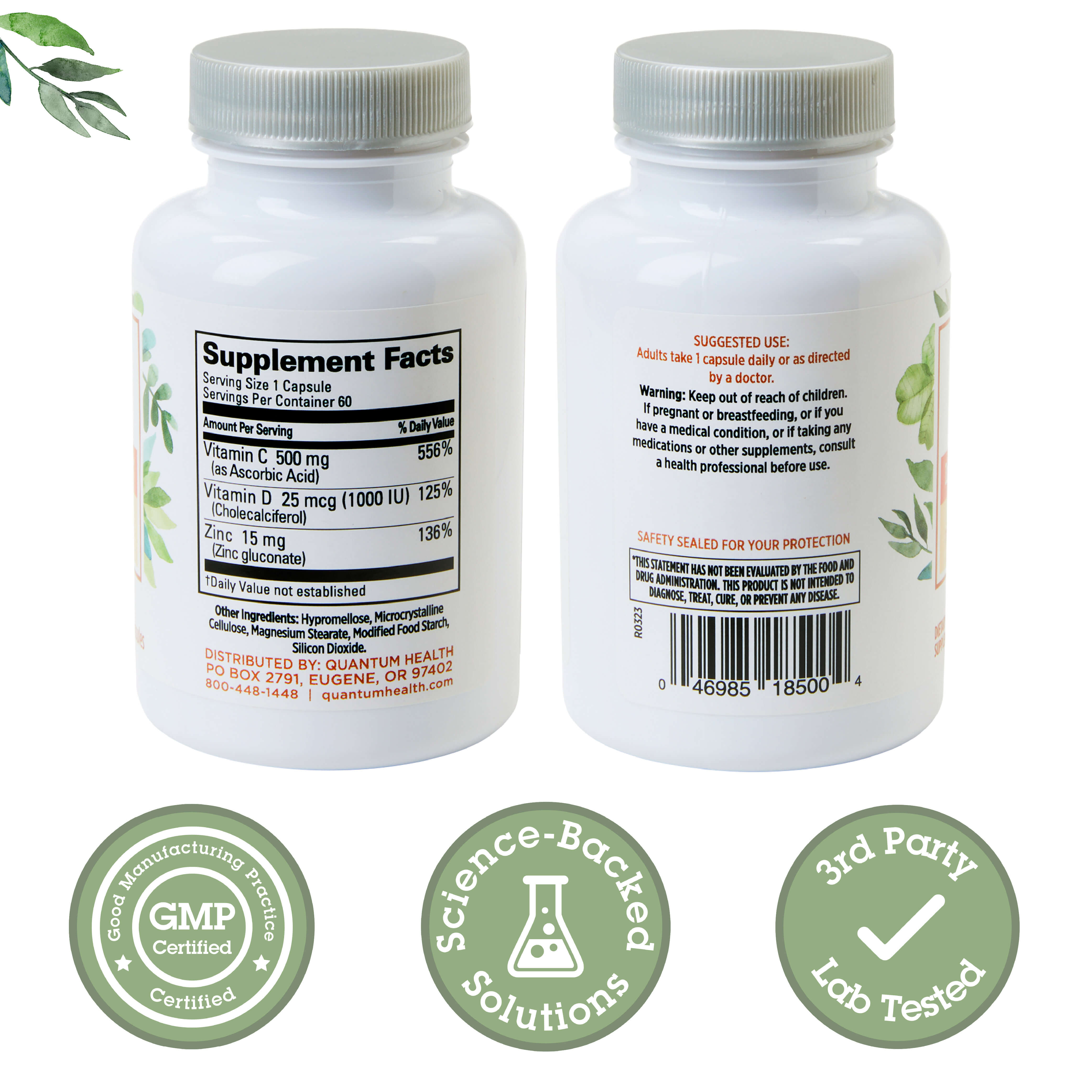 Two supplement bottles with labels and certification logos on a white background