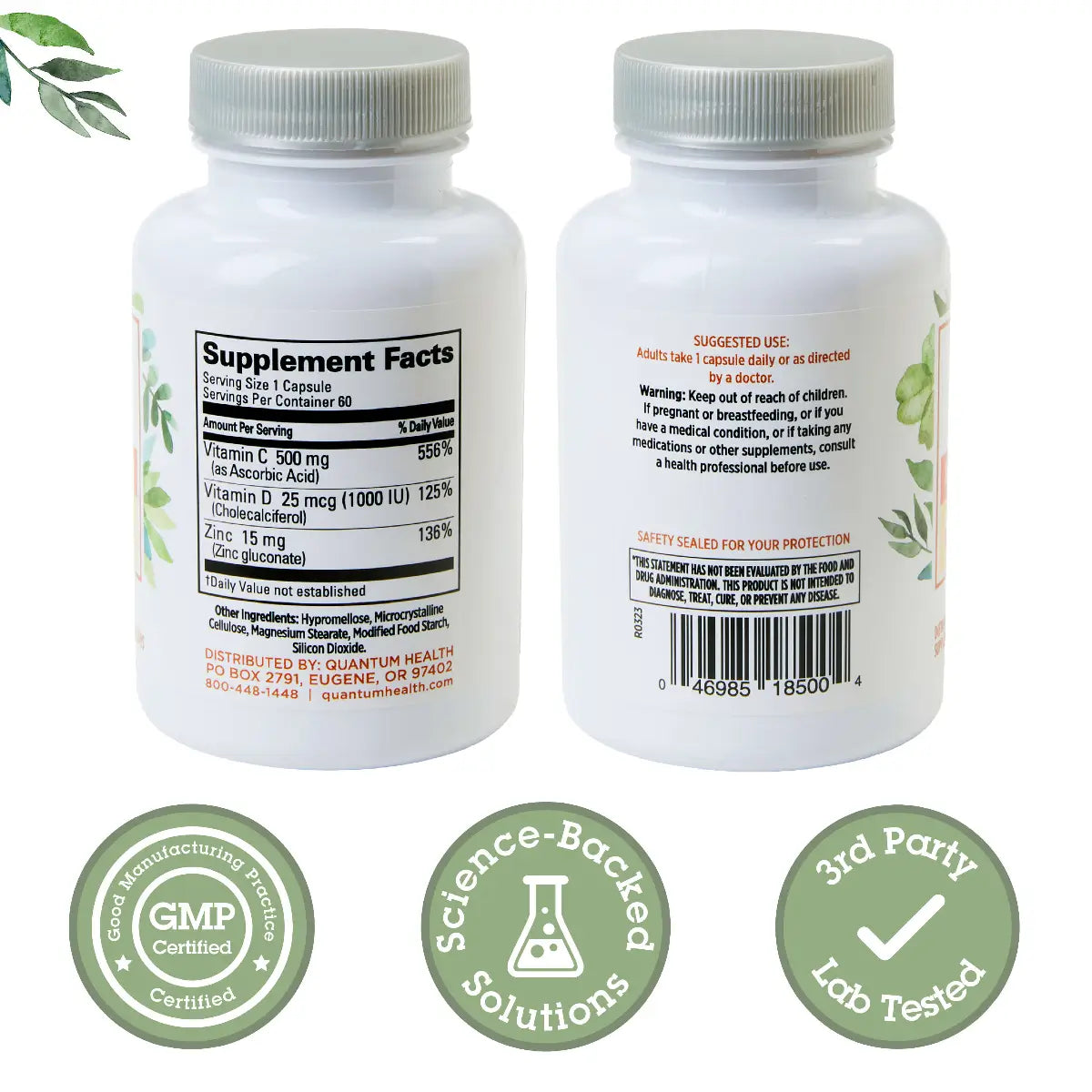 Two supplement bottles with labels and certification logos on a white background