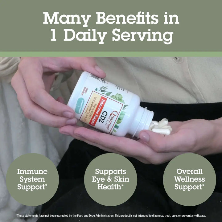 Person holding a bottle of supplements with text about benefits 