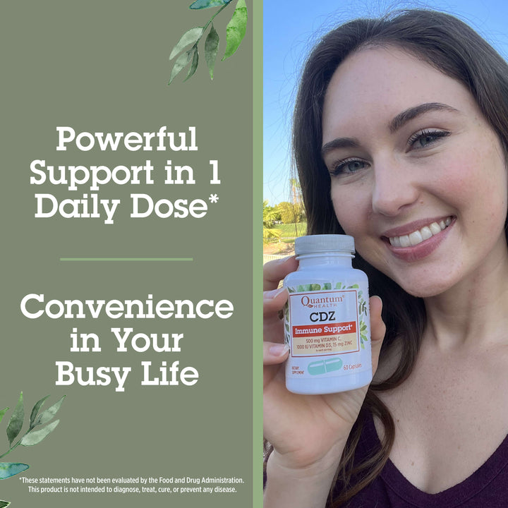 Woman holding a supplement bottle with text about powerful support and convenience.