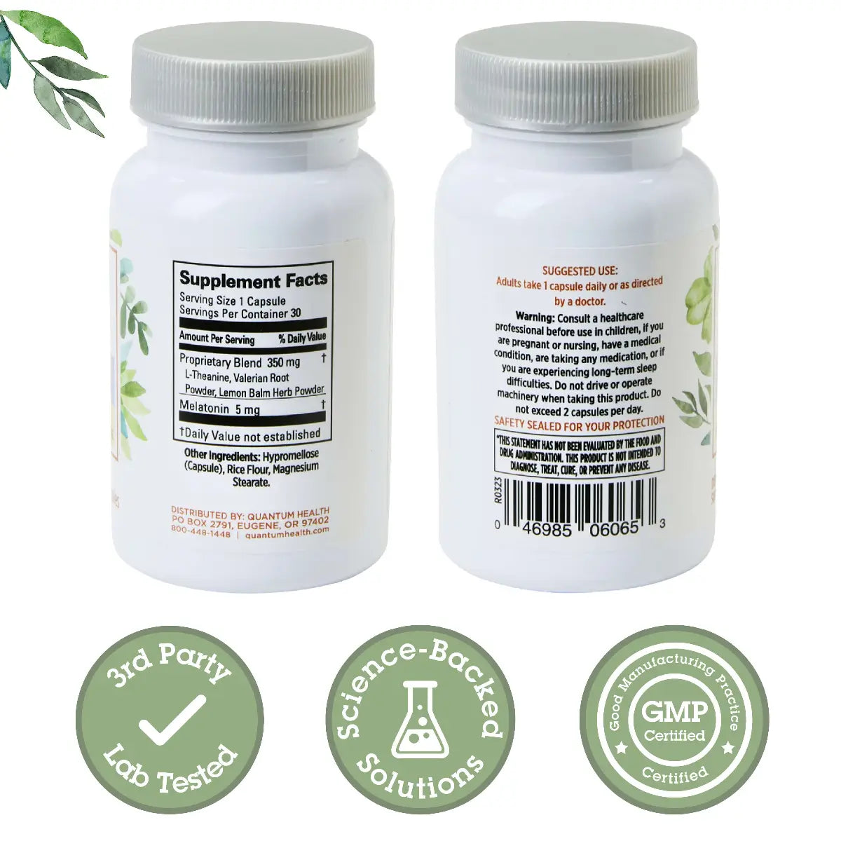 Two supplement bottles with labels, nutritional information, and certification logos on a white background.