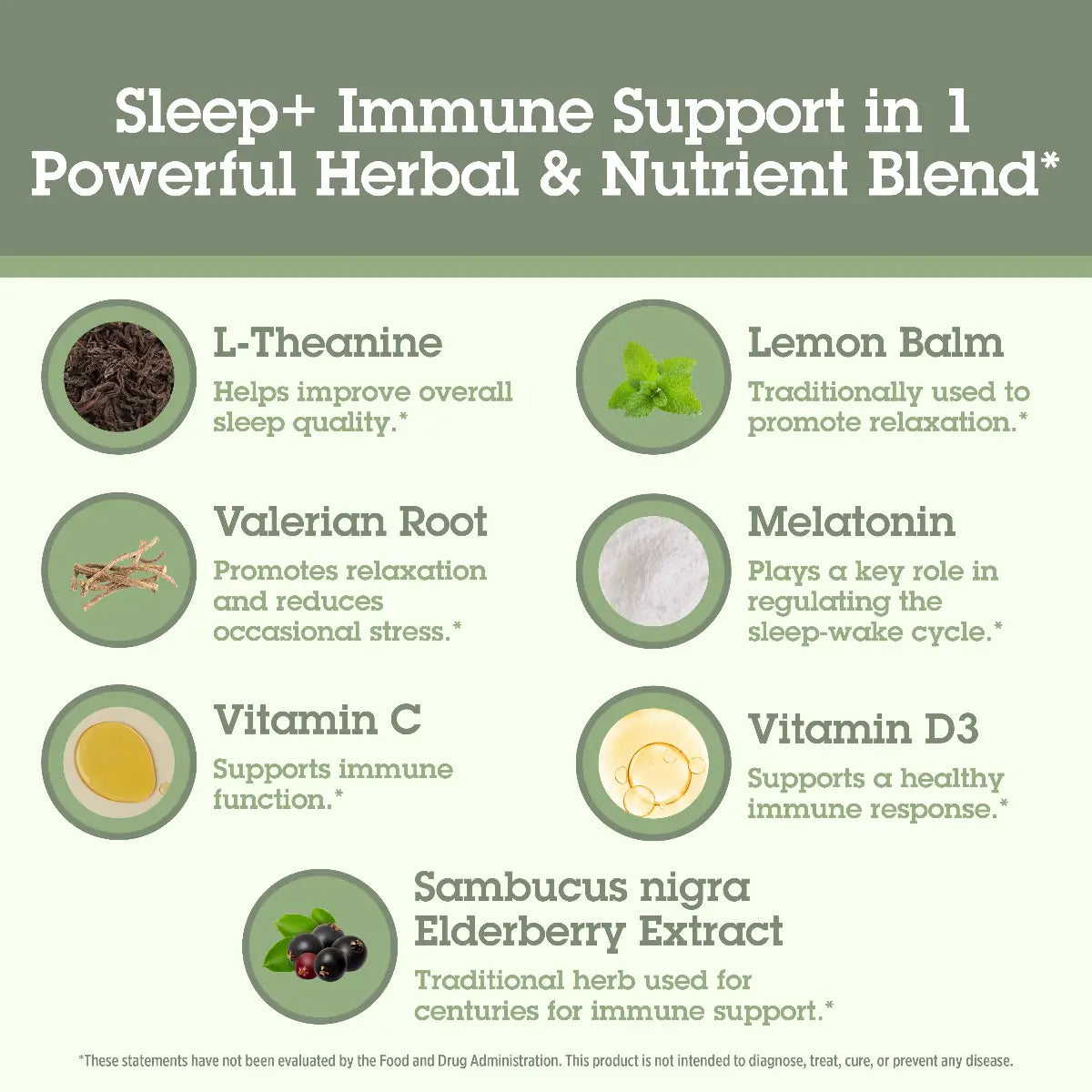 Herbal and nutrient blend for sleep and immune support with ingredients listed.