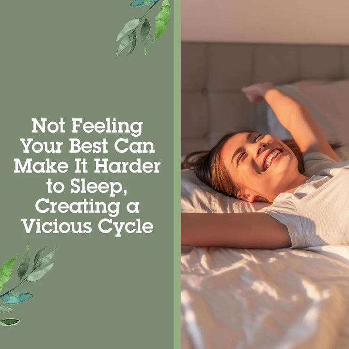 Woman lying in bed with a motivational quote on a green background