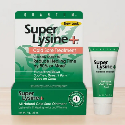 Super Lysine+ cold sore treatment packaging and tube on a light background