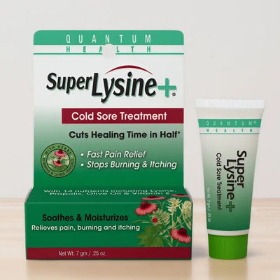 SuperLysine+ cold sore treatment packaging and tube on a light background