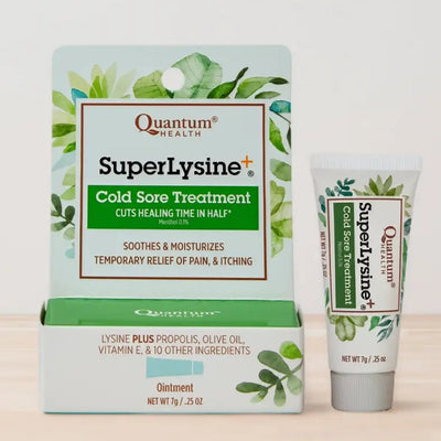 SuperLysine+ Cold Sore Treatment packaging and tube on a light background