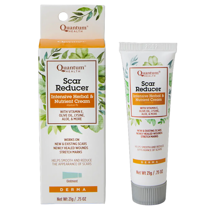 Quantum Health Scar Reducer cream packaging and tube on a white background