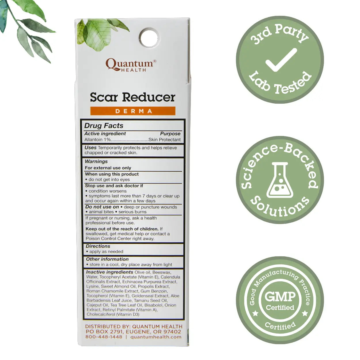 Quantum Health Scar Reducer Derma packaging with certification logos on a white background