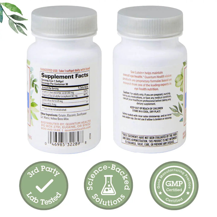 Two supplement bottles with labels and certification logos on a white background
