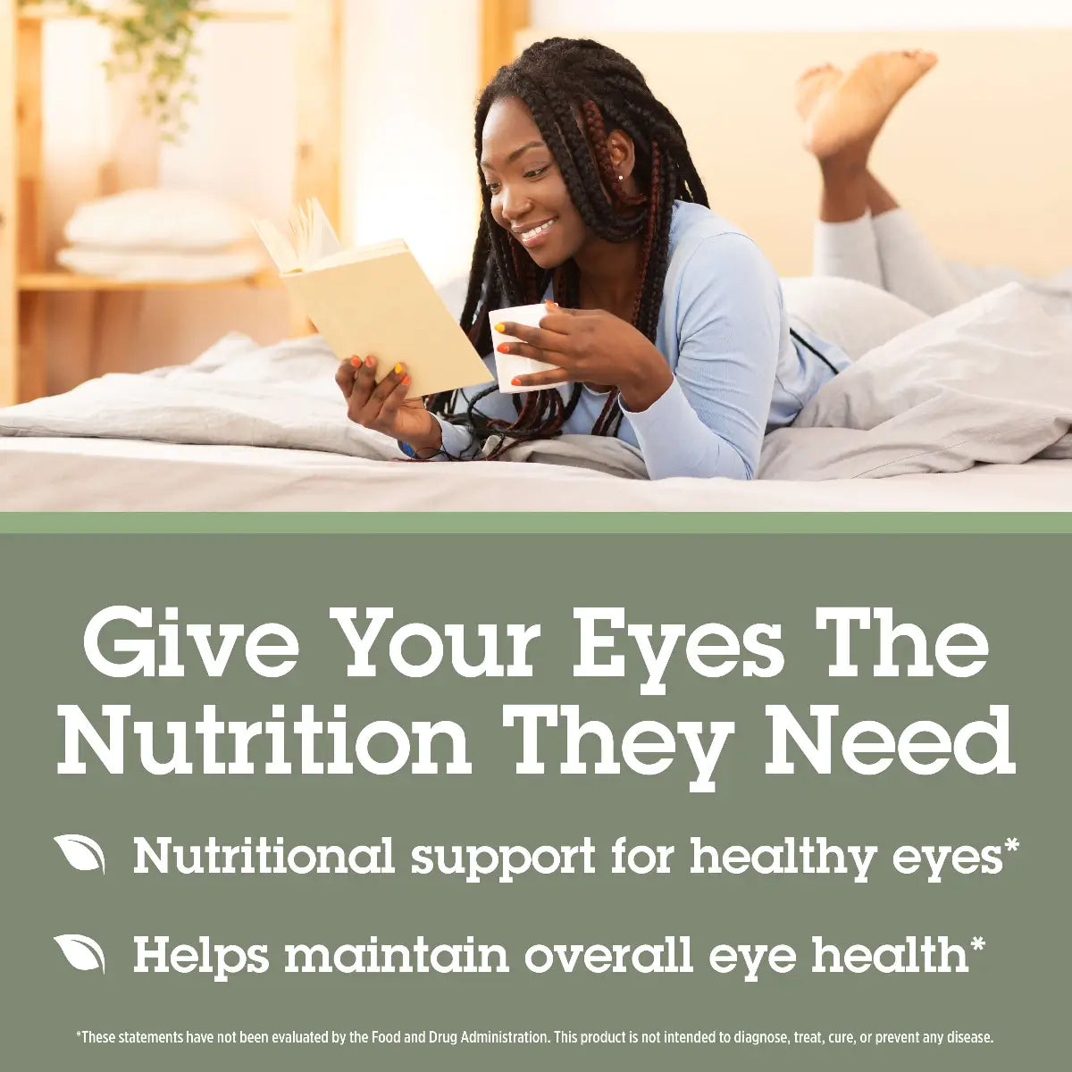 Woman reading a book and drinking from a mug in bed with text about eye health.