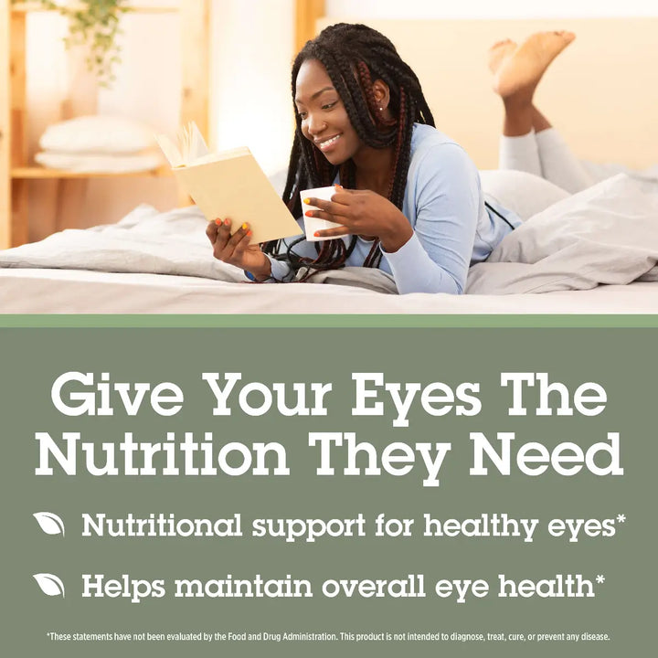 Woman reading a book and drinking from a mug in bed with text about eye health.