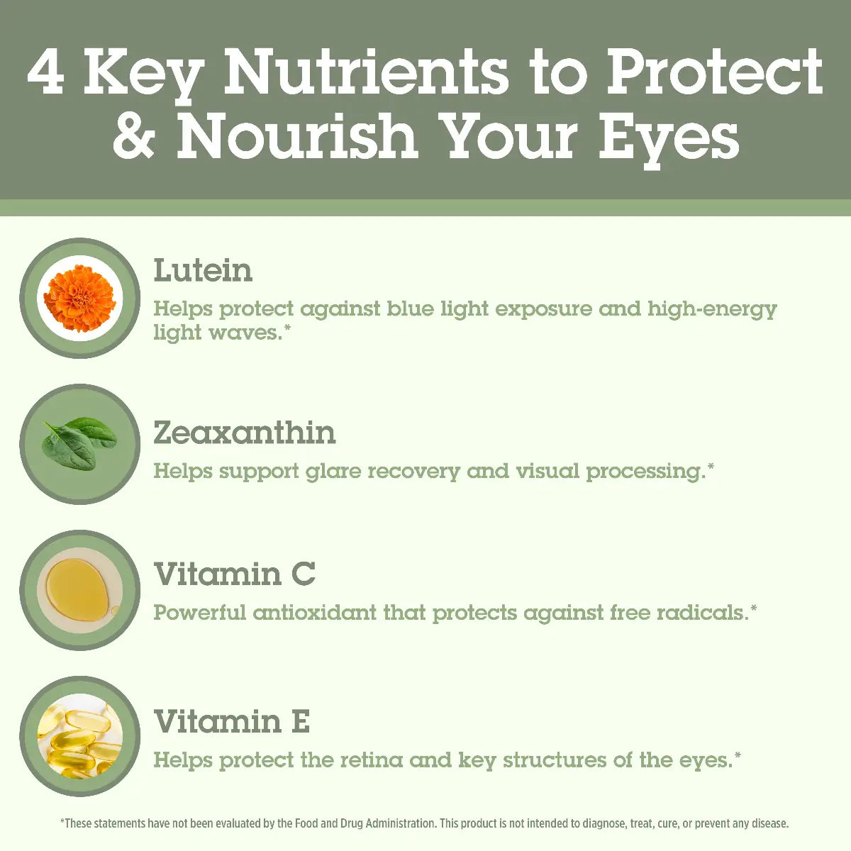 Infographic on key nutrients for eye health with images and descriptions.