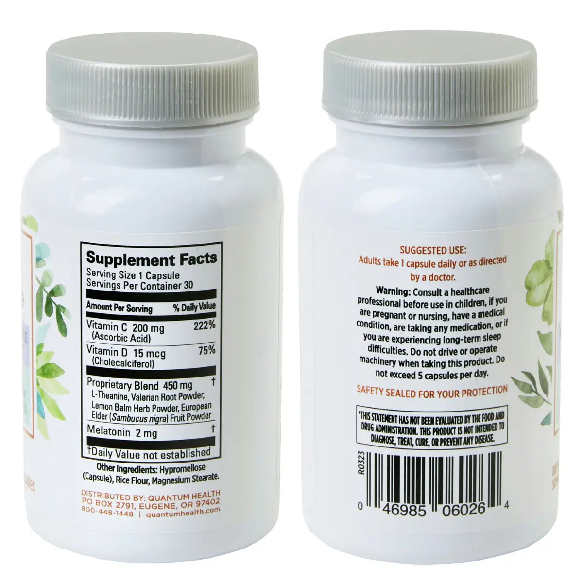 Two supplement bottles with labels showing nutritional information and warnings.