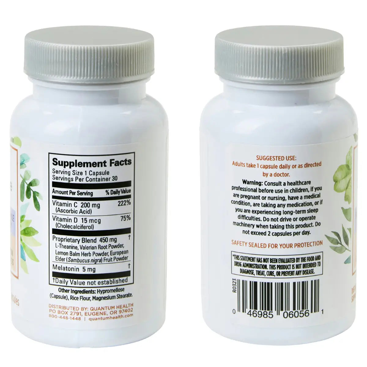 Two white supplement bottles with labels on a white background