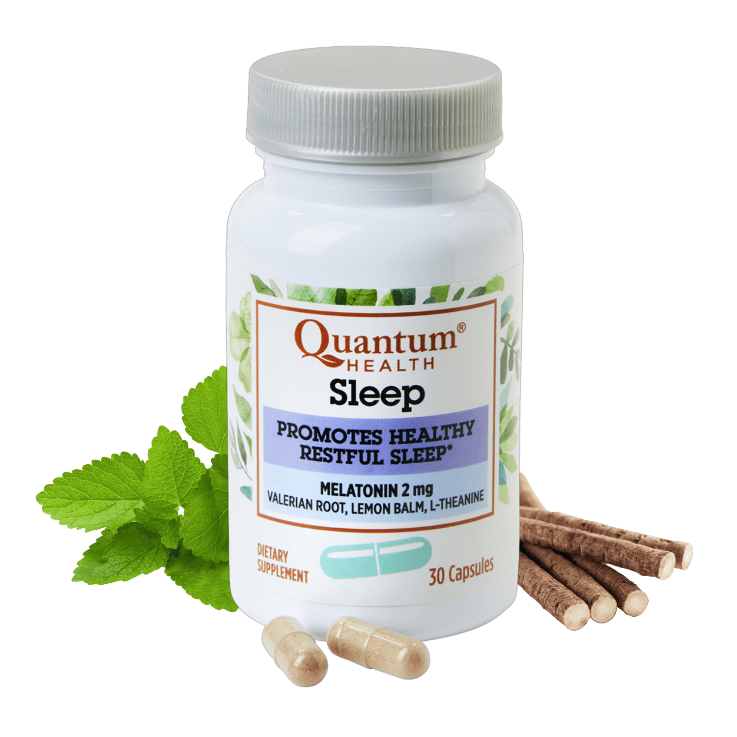 Quantum Health Sleep supplement bottle with capsules and mint leaves on a green background