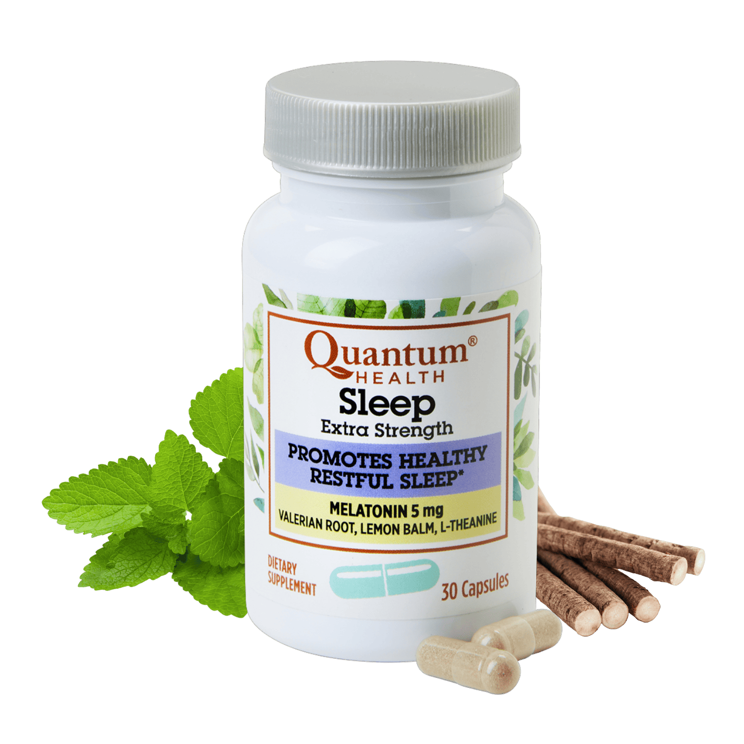 Quantum Health Sleep supplement bottle with capsules and herbs on a green background