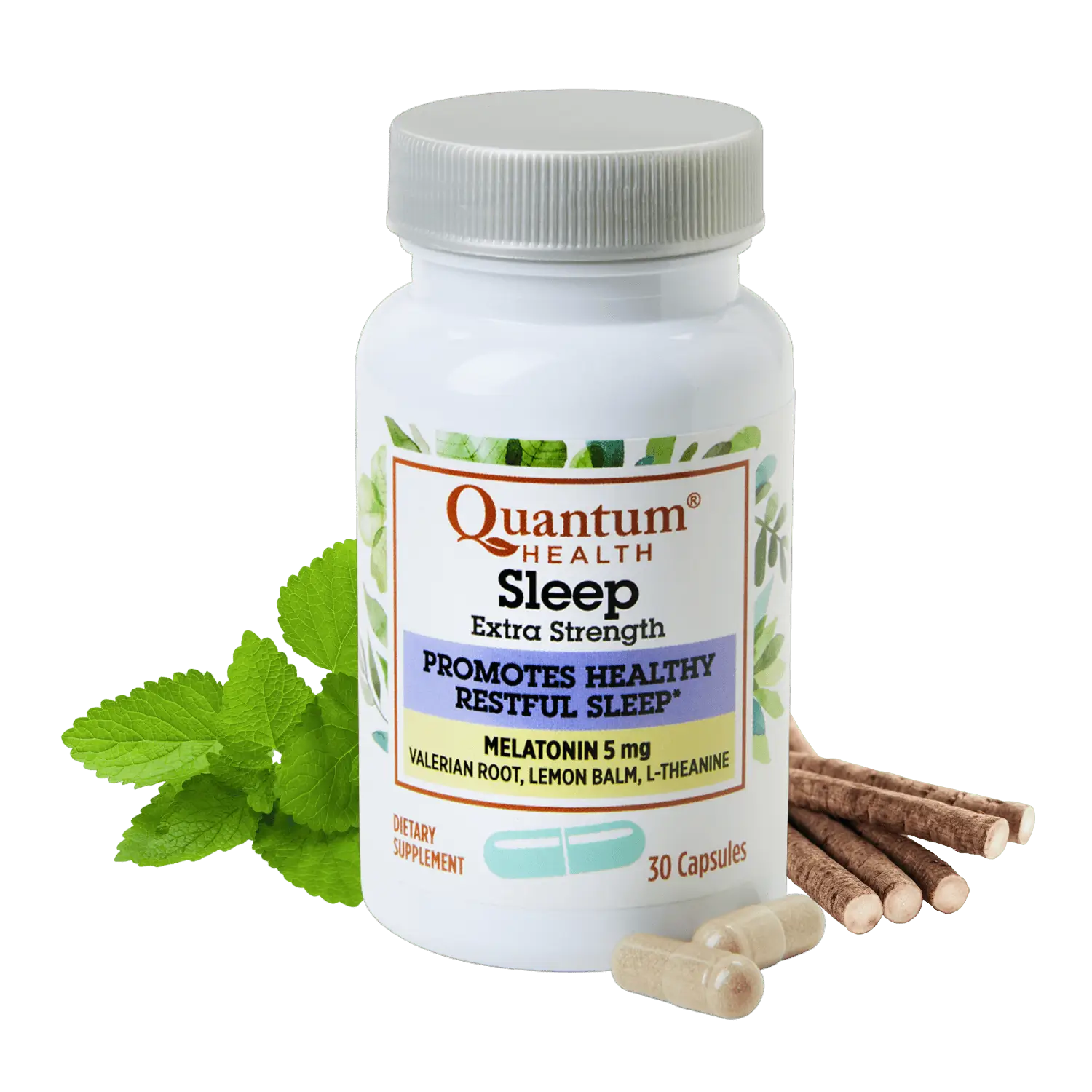 Supplement bottle labeled 'Quantum Health Sleep' with capsules and herbs on a white background