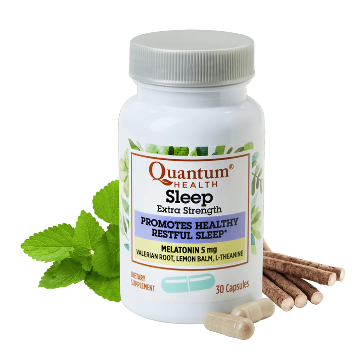 Supplement bottle labeled 'Quantum Health Sleep' with capsules and herbs on a white background